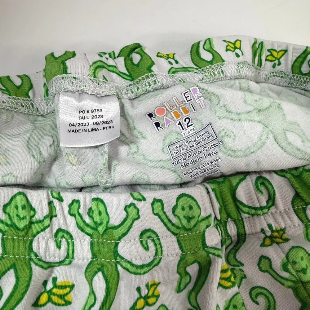 Roller Rabbit Monkey Pajama Set Kids Size 12 Green Pima Cotton Made Peru PJ